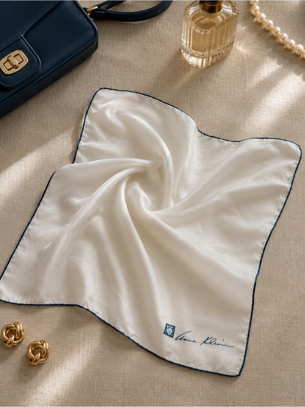 Vintage 1970s-1980s Anne Klein 100% Silk Scarf Ivory Teal 20” Japan